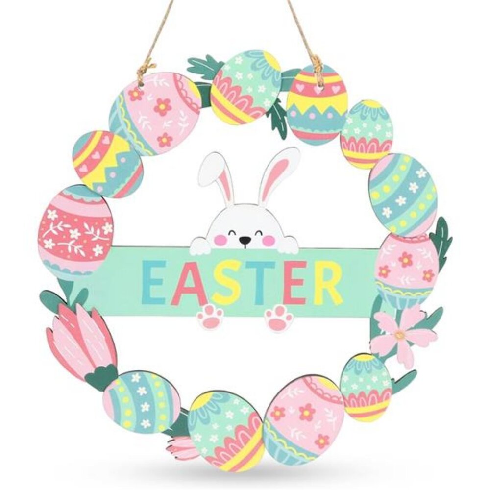 Easter Wreaths for Front Door Colorful Eggs Happy Bunny Easter Welcome Sign